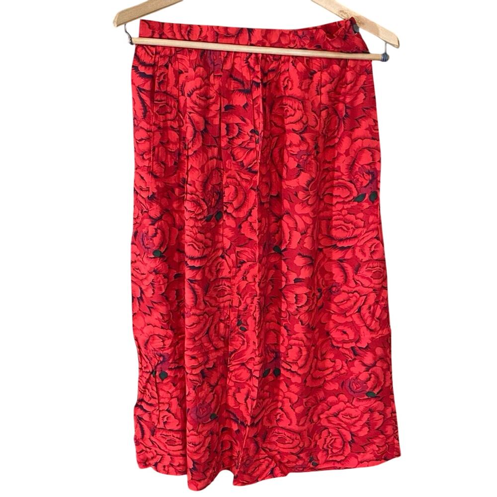 Vintage Private Club Red Rose Print Rayon Skirt A-Line Midi Made in USA romantic